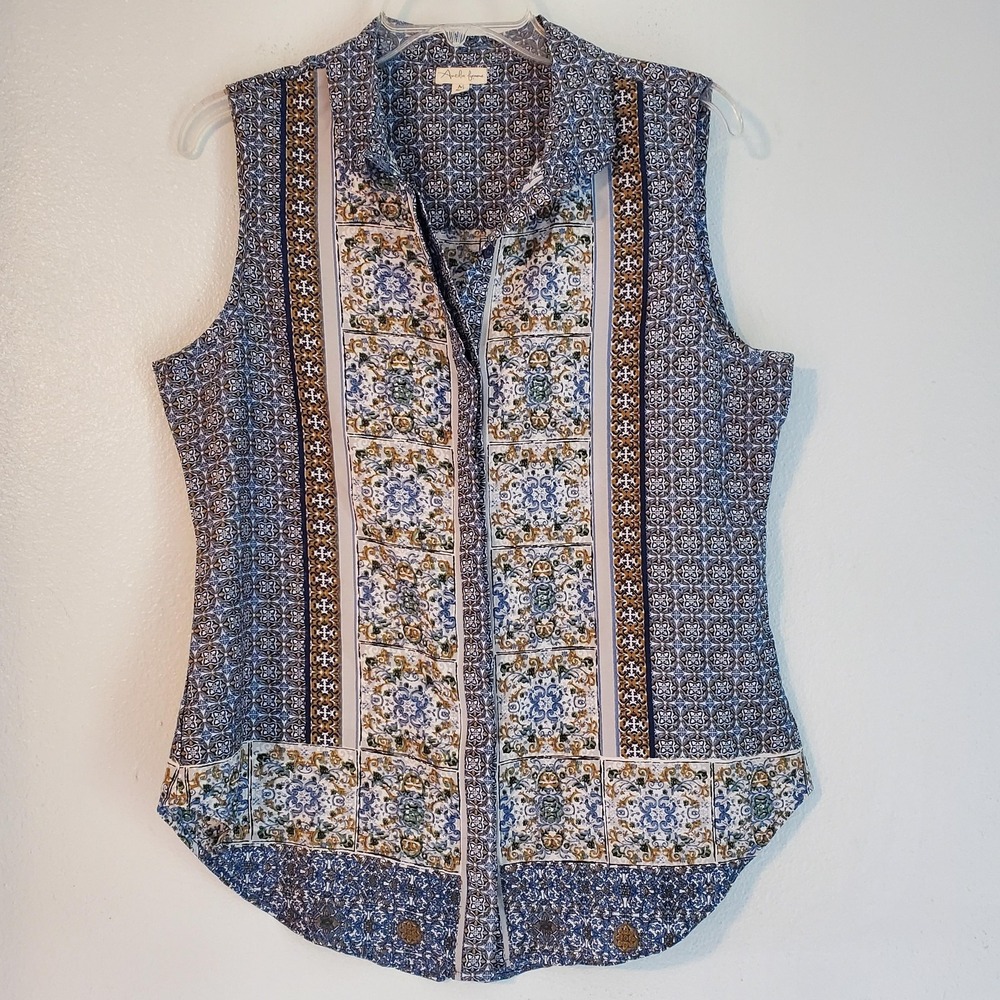 Antilia femme Shirt Womens Medium Blue Tile Print‎ Button Front Sleeveless Boho